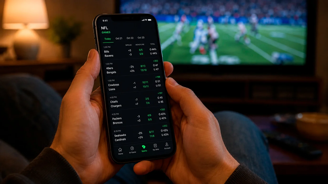 Person holding a smartphone displaying a sports betting interface with NFL game selections