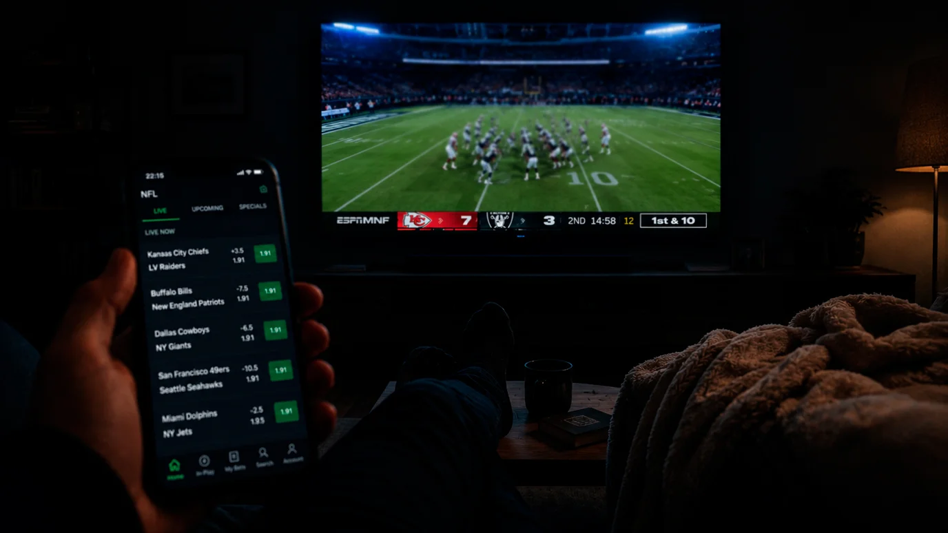 Dimly lit room with a television showing an NFL game while a phone screen displays live betting markets