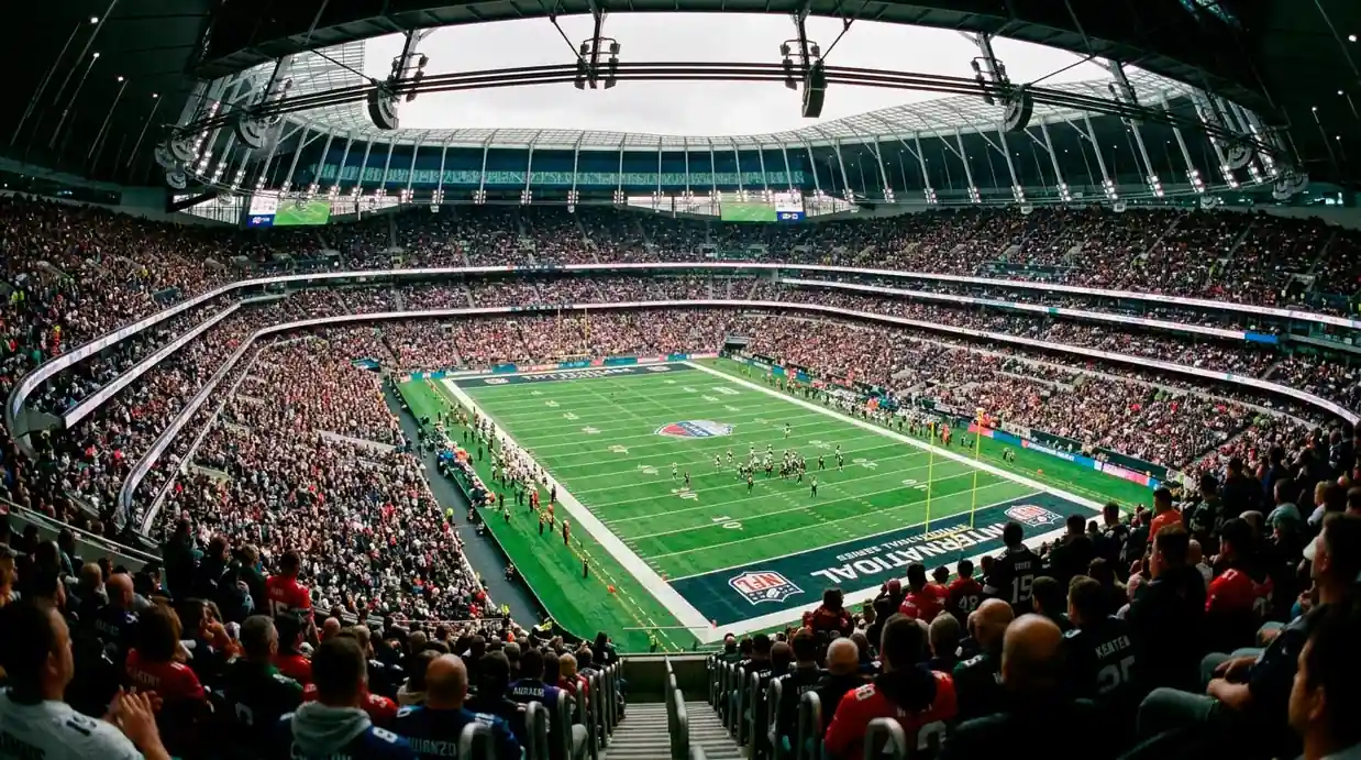 Packed crowd at an NFL game in London with the pitch visible from an upper-tier viewpoint