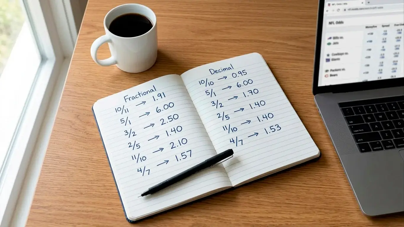 Close-up of a notebook with handwritten odds calculations next to a laptop showing NFL lines