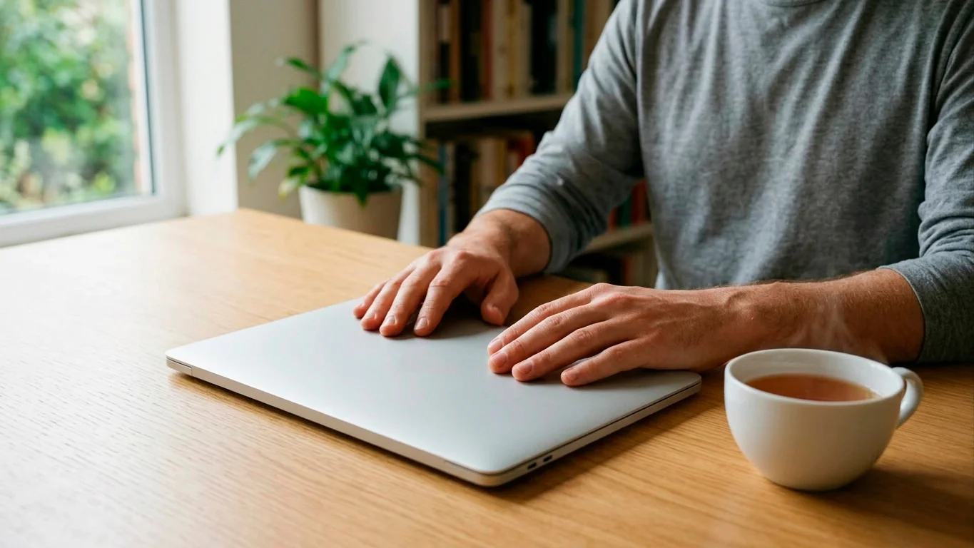 Hands resting on a desk beside a closed laptop and a cup of tea, suggesting a deliberate pause from screen time